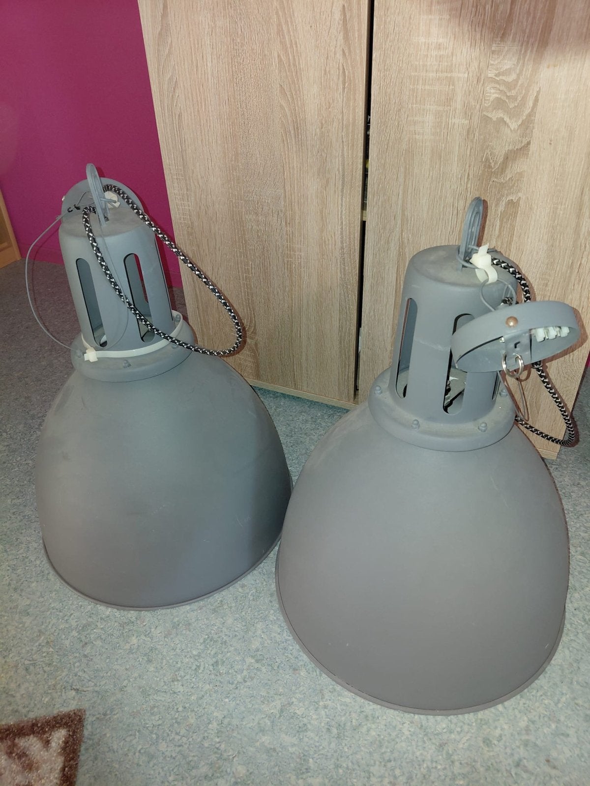 Set van 2 grijze industriële hanglampen, Ophalen, Gebruikt, Metaal, E27 (groot)