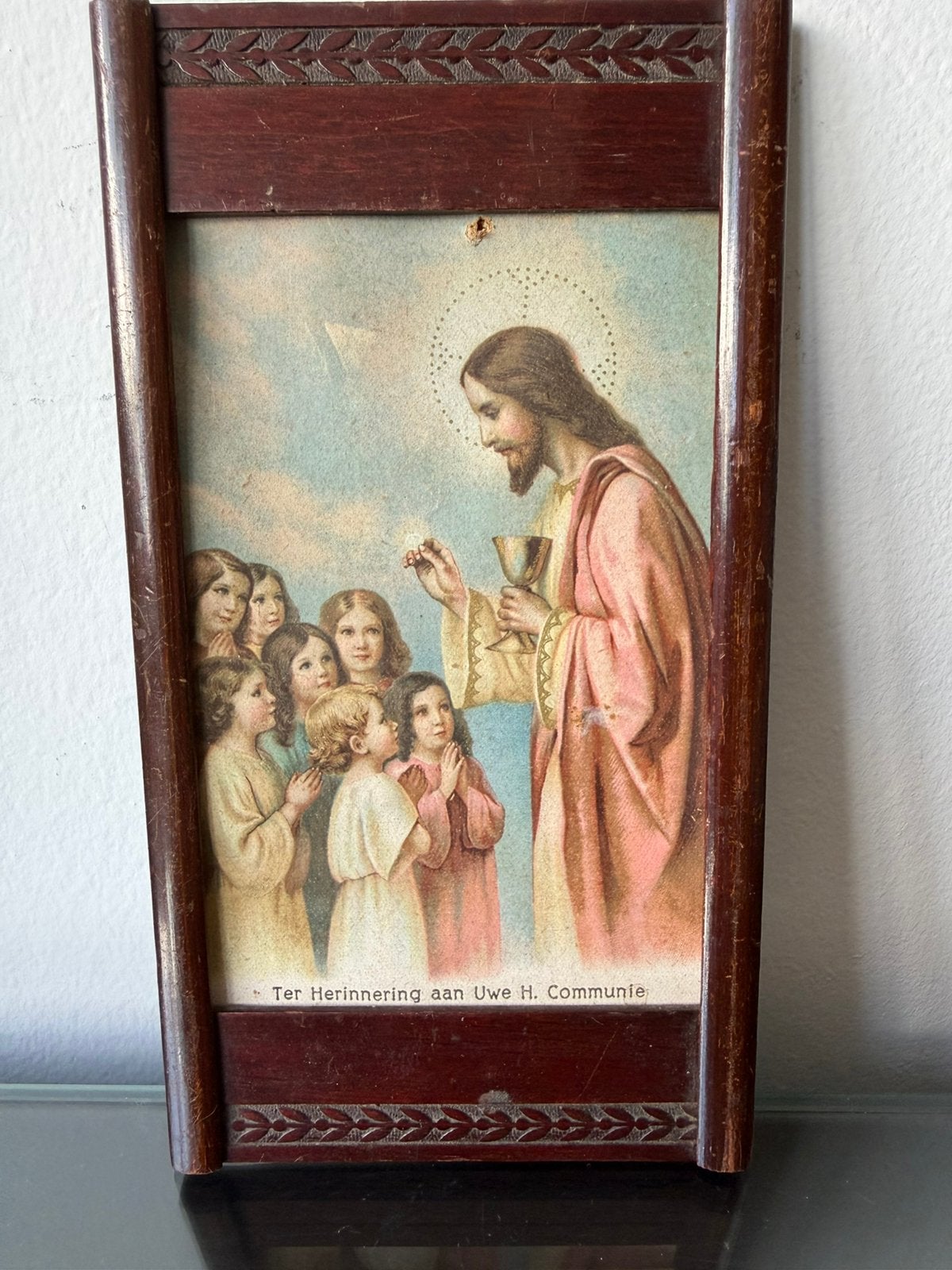 Oud ingelijst religieus prentje eerste Communie, Ophalen of Verzenden
