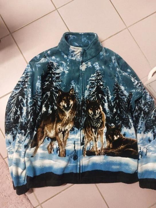 Fleece vest blauw met wolven print Vintage, Blauw, Ophalen of Verzenden, Zo goed als nieuw, Maat 56/58 (XL)
