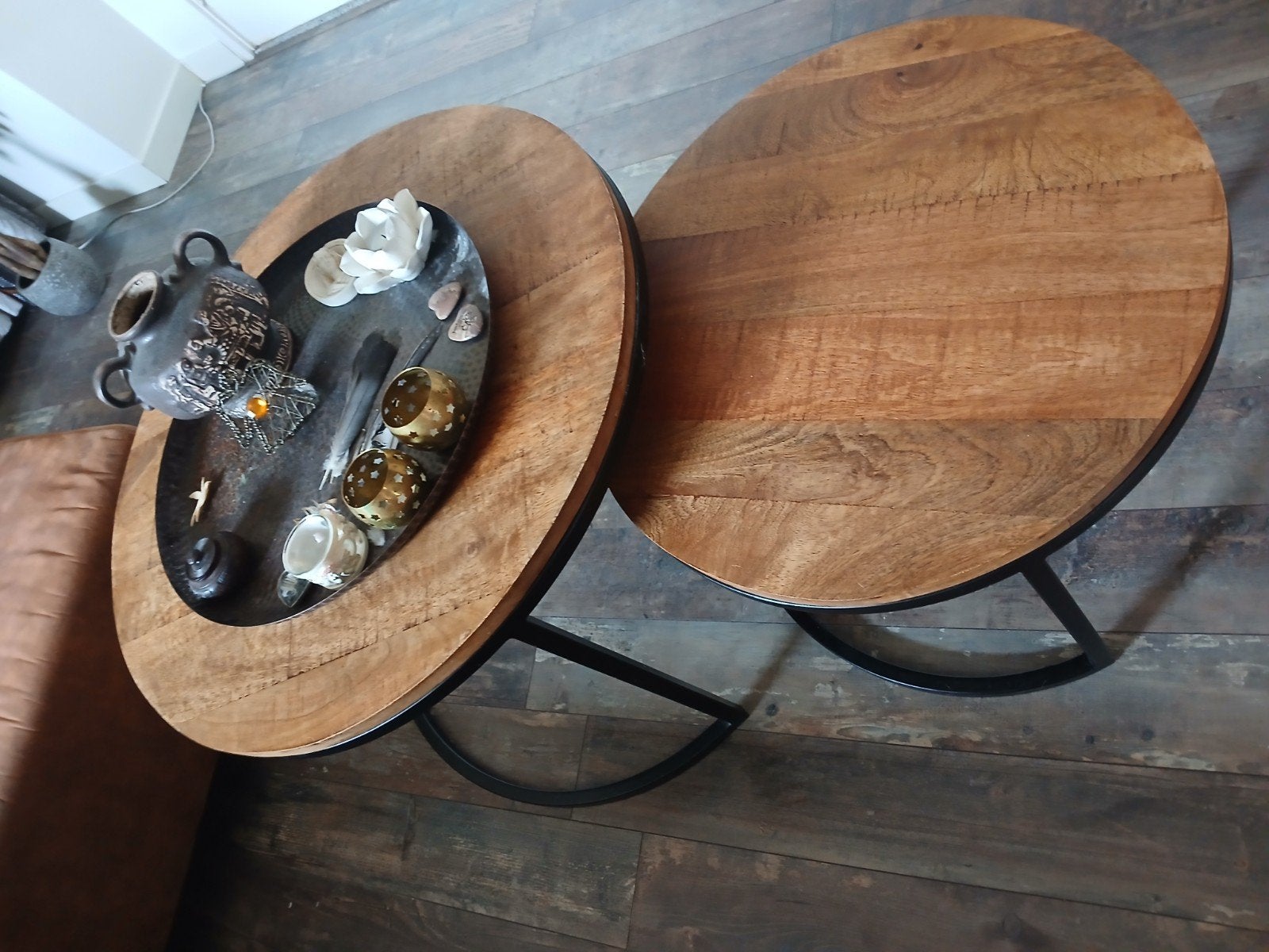 Set zeer mooie mango houten salontafels, Ophalen, 50 tot 100 cm, Rond, 50 tot 100 cm