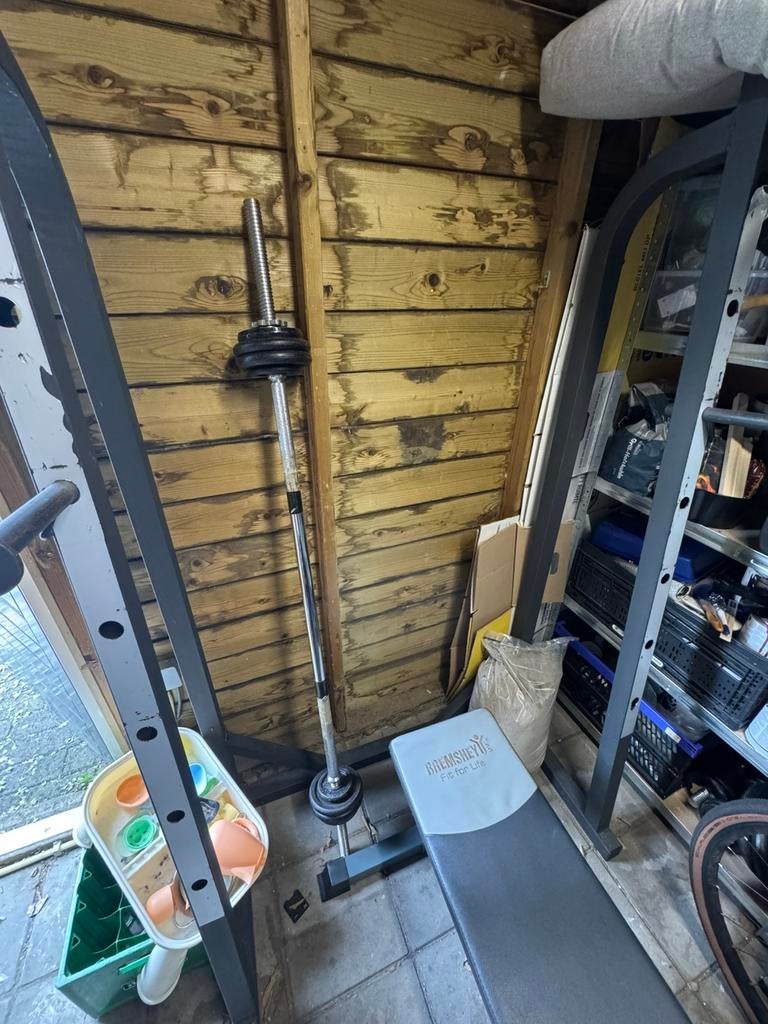 Squatrek met (opdruk)bankje, halter en dumbbells, Ophalen, Gebruikt, Oprekstang