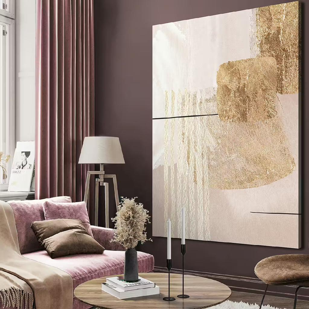 Abstract Canvas Schilderij - Roze/Goud/Beige, 125 cm of meer, Ophalen of Verzenden, Zo goed als nieuw, Schilderij