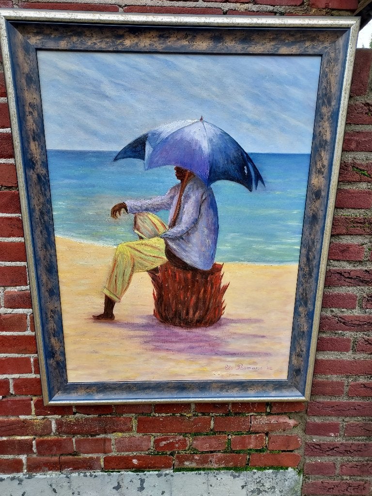 Schilderij, strandgezicht man met parasol., Antiek en Kunst, Kunst | Schilderijen | Modern, Handgeschilderd, Olieverf, Textiel