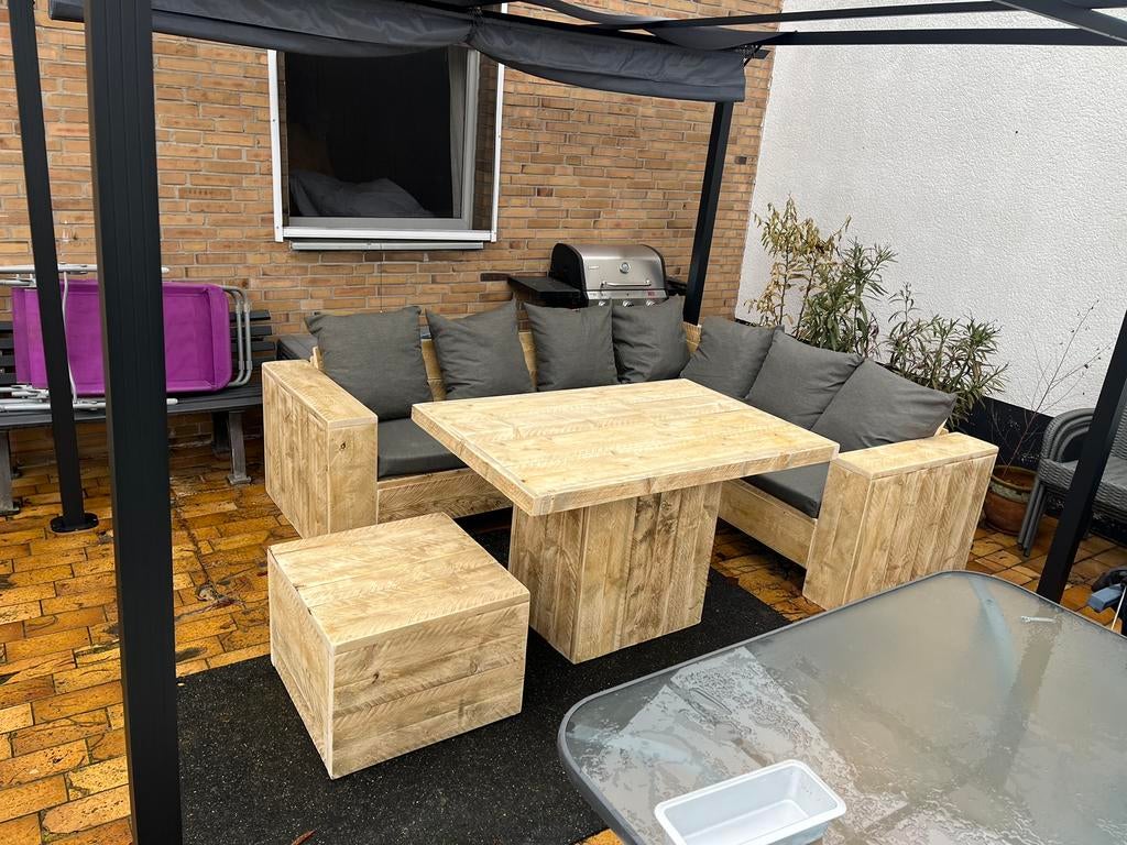 Loungeset hoekbank tuinset loungebank van Steigerhout SALE, Ophalen of Verzenden, Zo goed als nieuw, Steigerhout, Hocker