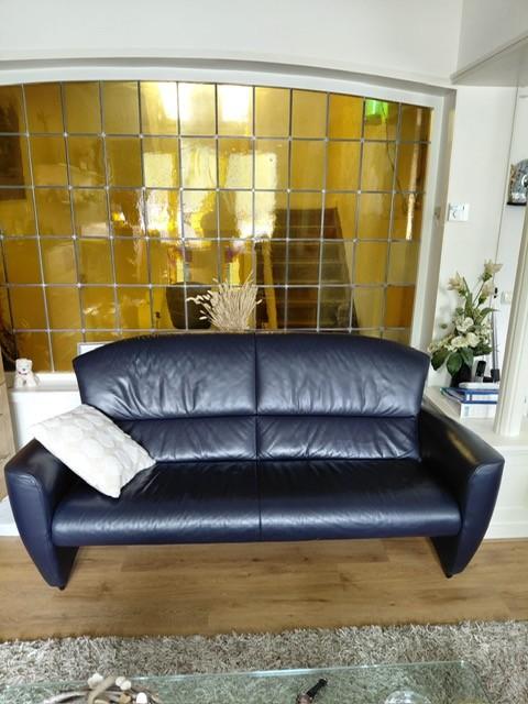 Rolf Benz bank (donkerblauw leer), Ophalen, Gebruikt, 150 tot 200 cm, Tweepersoons