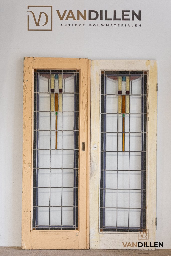 Oude set glas in lood deuren met heel mooi motief, 120 cm of meer, Binnendeur, Ophalen of Verzenden, 200 tot 215 cm