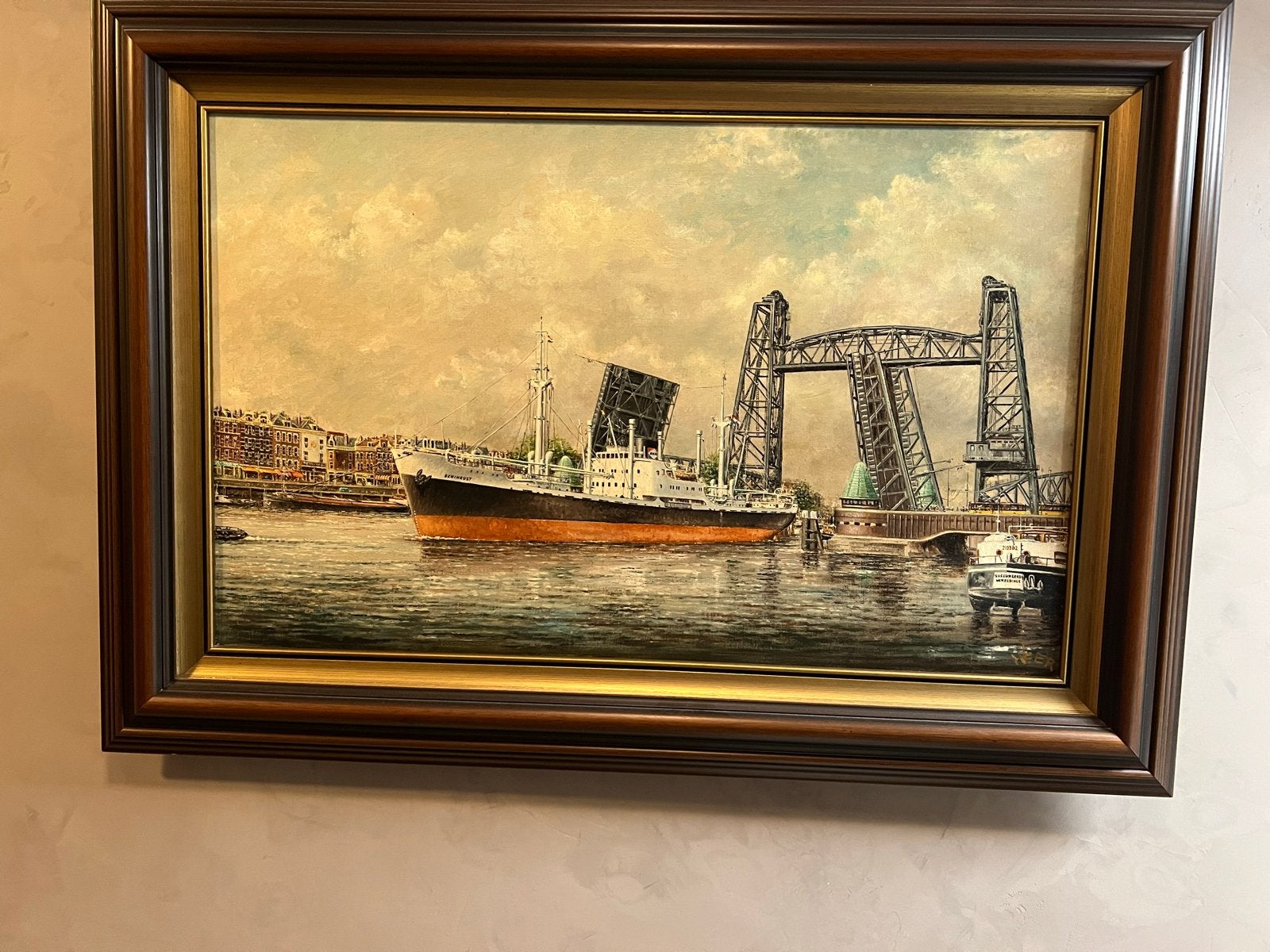 Maritiem schilderij: MS Beninkust bij de Hefbrug 1954, Ophalen, Maritiem / water, Doek, Realistisch
