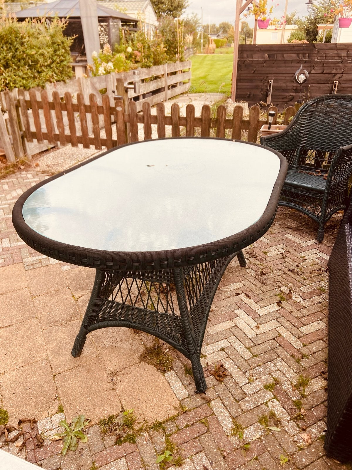Wicker tuinset met glazen tafel en 4 stoelen, Tuin en Terras, Ophalen, 4 zitplaatsen, Gebruikt, Eettafel