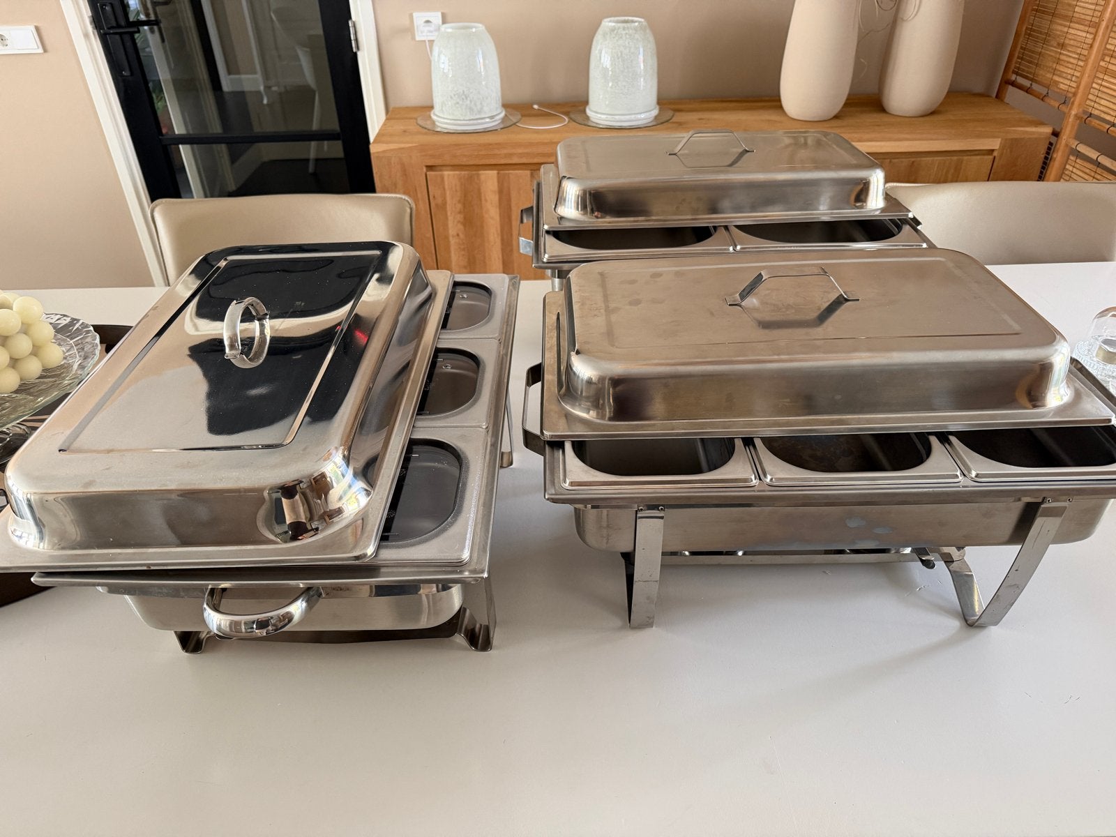 Chafing dishes 3x met brandpasta,10 opscheplepels, Ophalen, Gebruikt