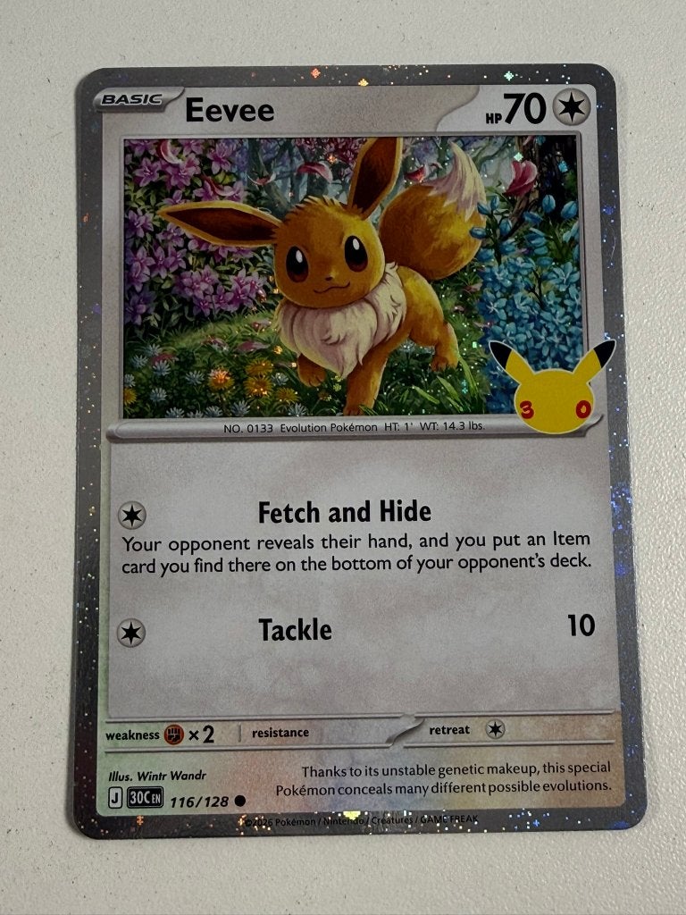 116/128 Eevee COSMIC HOLO 30th Celebration Pokemon Kaart, Ophalen of Verzenden, Nieuw, Losse kaart