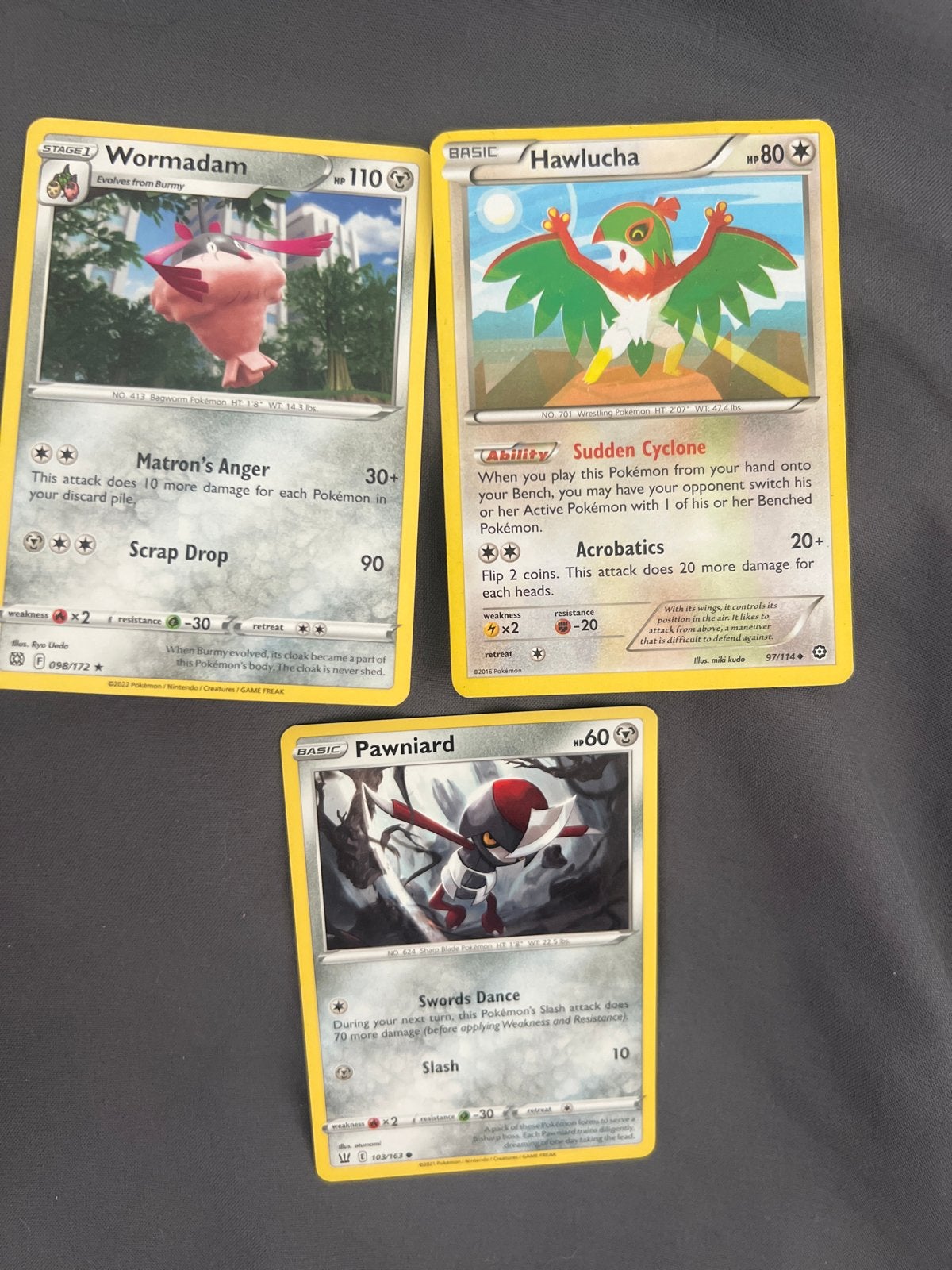 Pokémon Kaarten: Wormadam, Hawlucha, Pawniard, Ophalen of Verzenden, Gebruikt, Meerdere kaarten