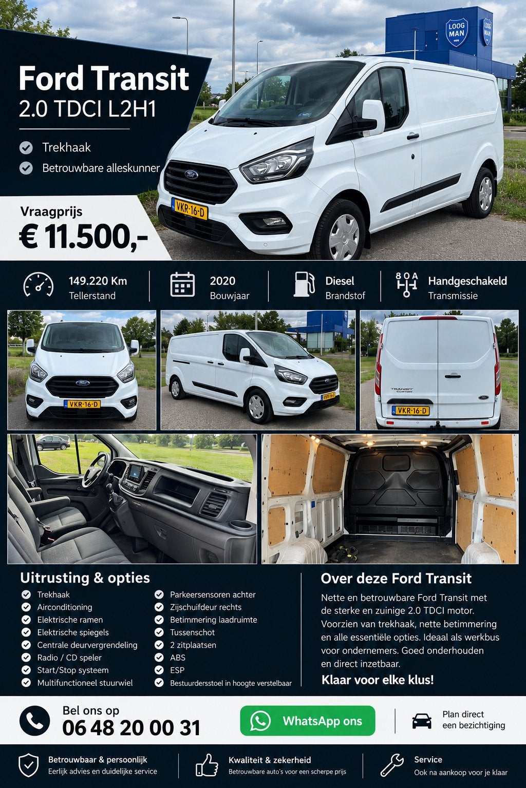 Ford Transit Custom GB 2.0 Tdci 130PK 300 L2h1 2020 Wit, Auto's, Voorwielaandrijving, 1995 cc, 4 cilinders, 129 pk