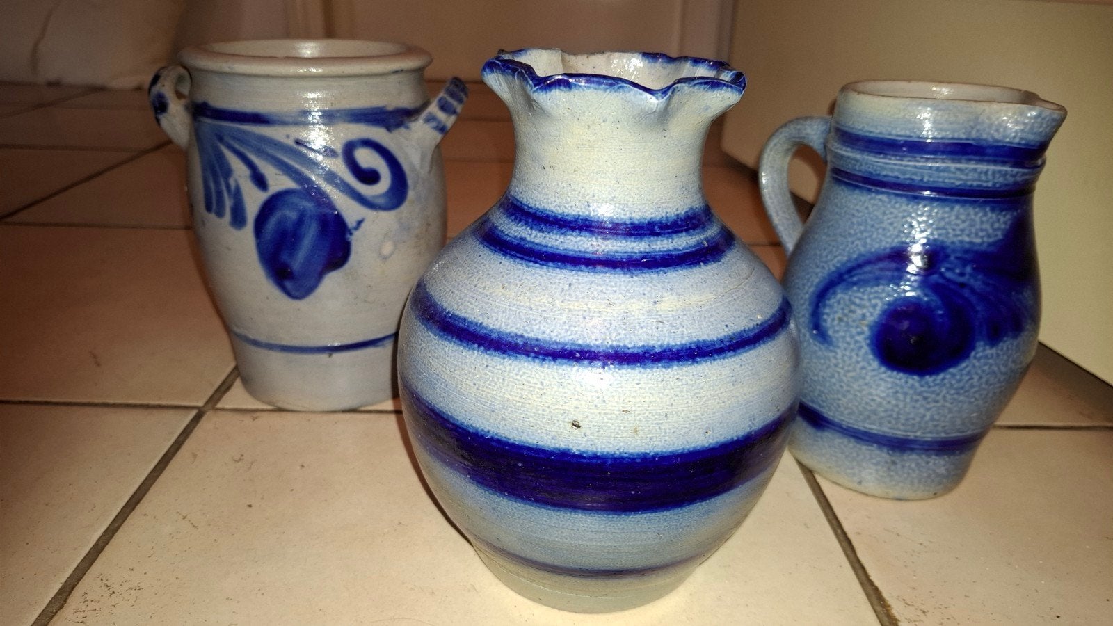 Set van 3 vintage aardewerk Keulse potten/kruiken, blauw-wit, Antiek en Kunst, Ophalen of Verzenden