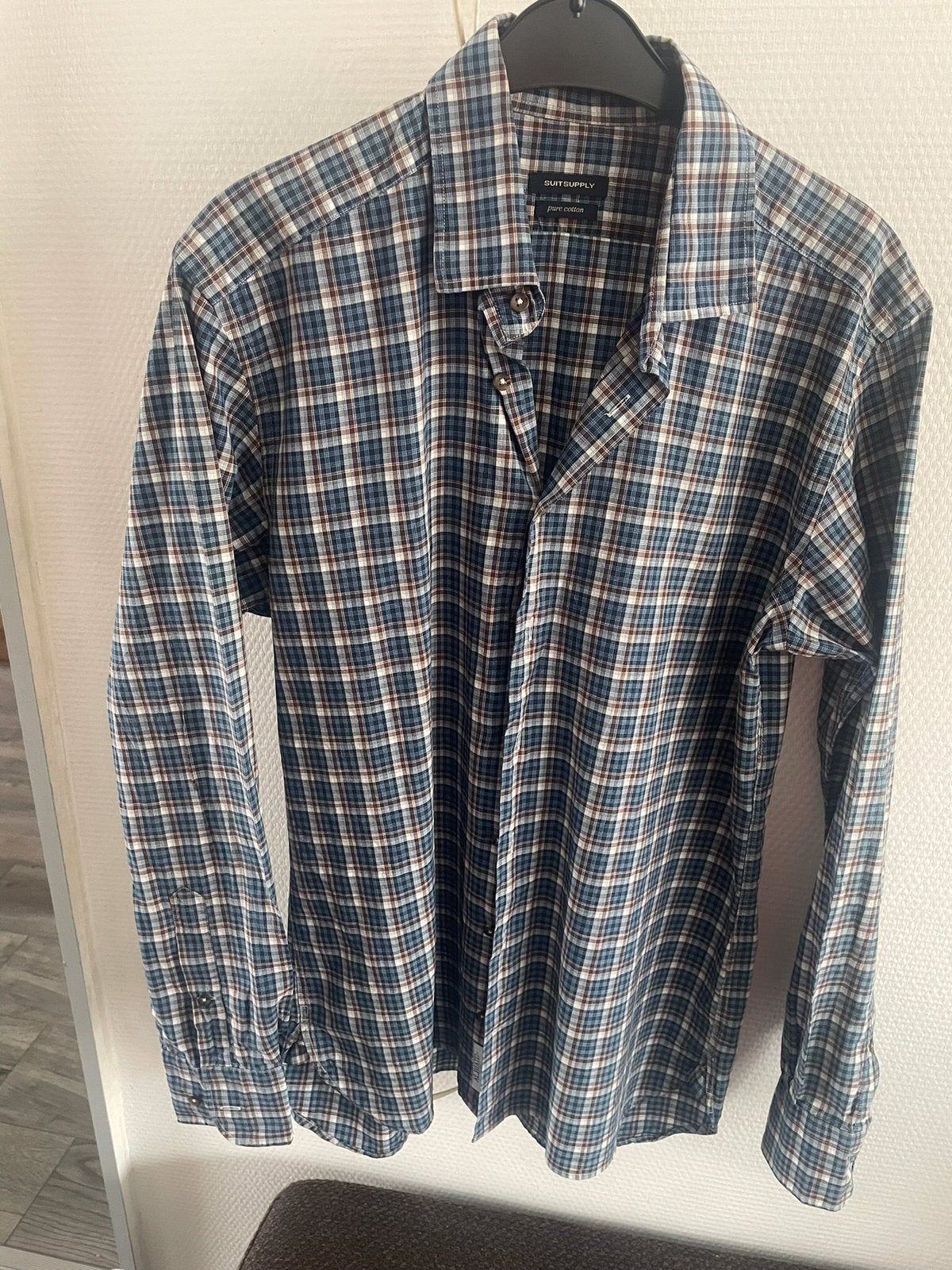 Zgan bruin-blauw-wit-grijs geblokt Suitsupply Overhemd mt M, Overige kleuren, Zo goed als nieuw, Suitsupply, Halswijdte 39/40 (M)