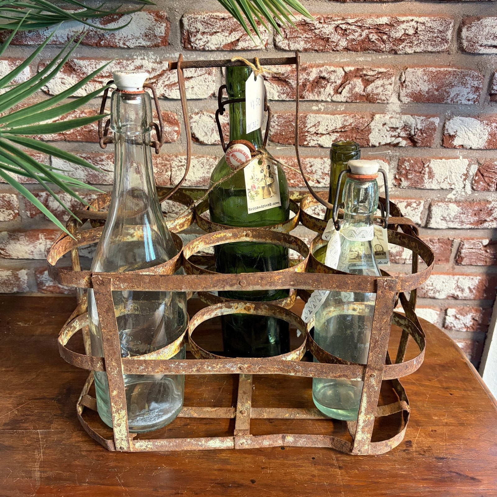 Oud flessenrek voor 6 flessen - Brocante flessenhouder, Antiek en Kunst, Curiosa en Brocante, Ophalen of Verzenden