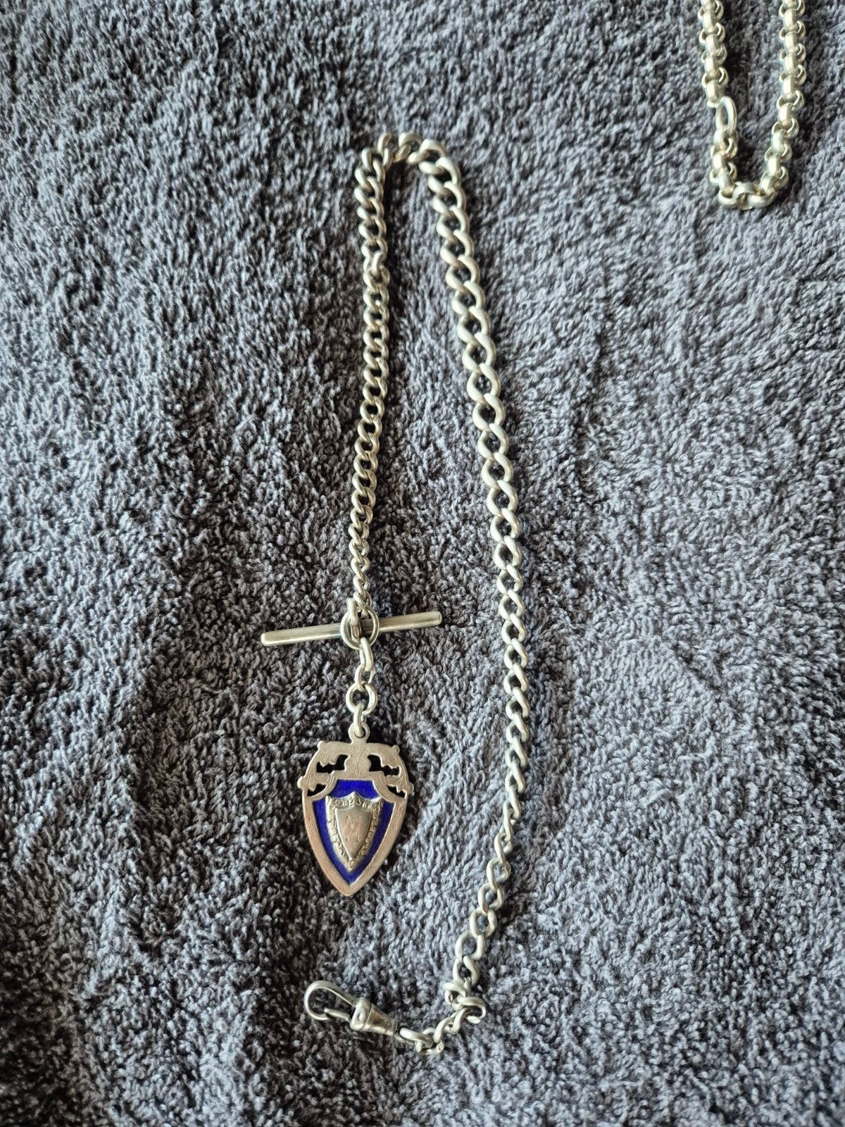Antieke zilveren Albert horlogeketting met emaille fob hange, Ophalen of Verzenden, Zilver