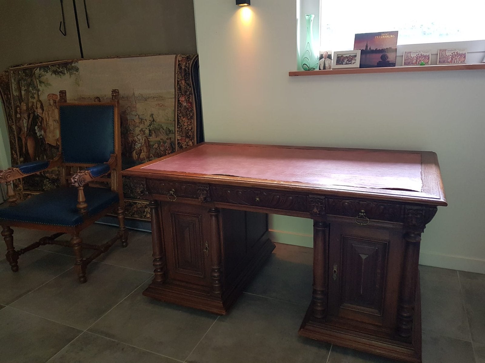 Antiek Eiken Bureau met KunstLeren Blad, Ophalen