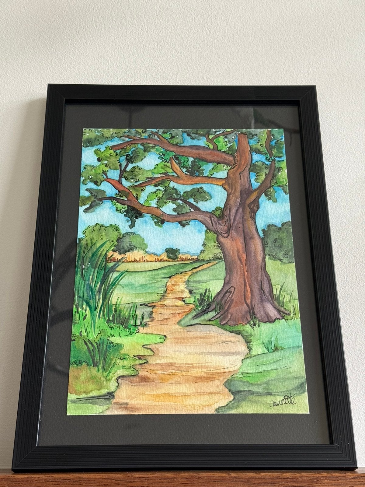 Aquarel oude boom bospad, Verzenden, Handgeschilderd, Landschap