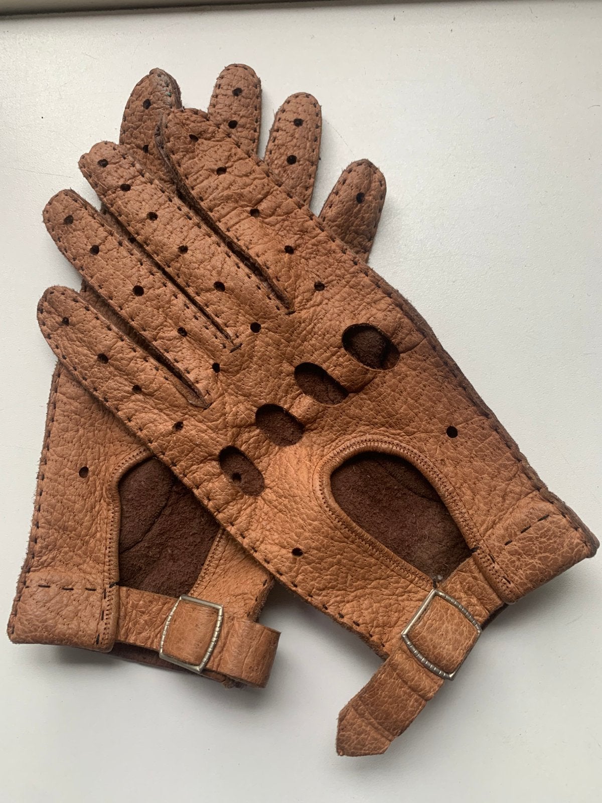 Leren , opengewerkte handschoenen., Ophalen of Verzenden, Zo goed als nieuw, Handschoenen