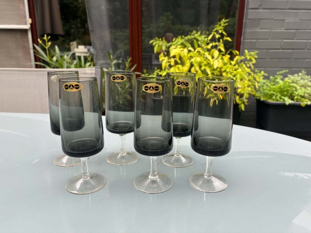 Set 6 vintage glazen – De Rupel Boom – Gerookt glas, Ophalen of Verzenden
