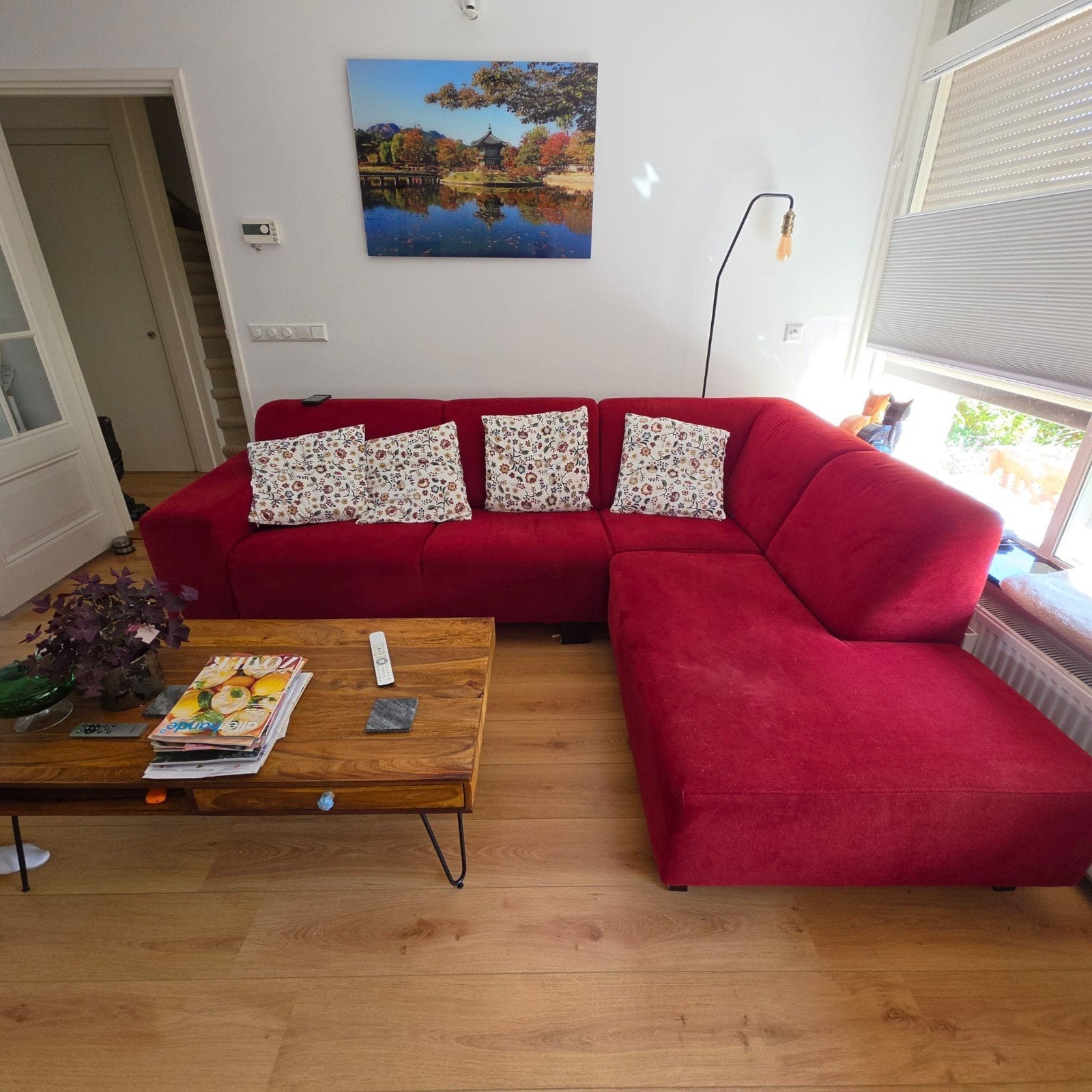 Moderne rode hoekbank met chaise longue, Ophalen, Gebruikt, Stof, Modern