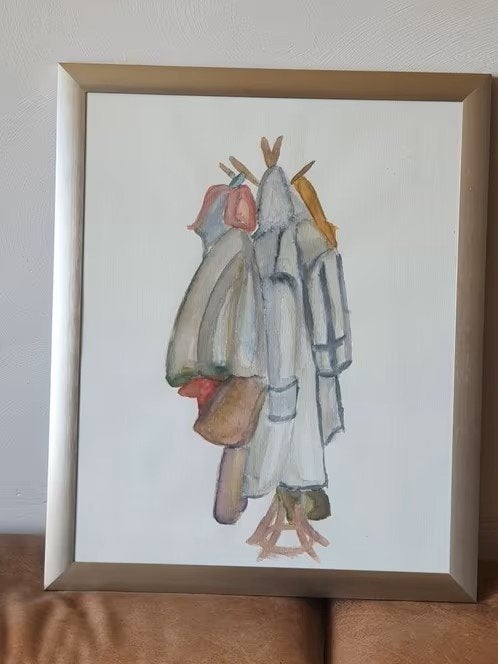 Aquarel kapstok met jassen niet gesigneerd mooie lijst., Ophalen