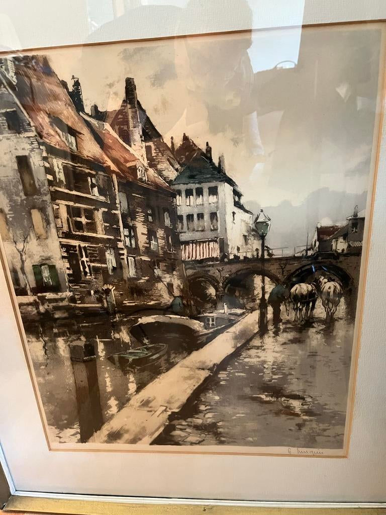 Vintage Stadsgezicht met Gracht en Paarden - Gesigneerd, Antiek en Kunst, Kunst | Schilderijen | Klassiek, Ophalen of Verzenden