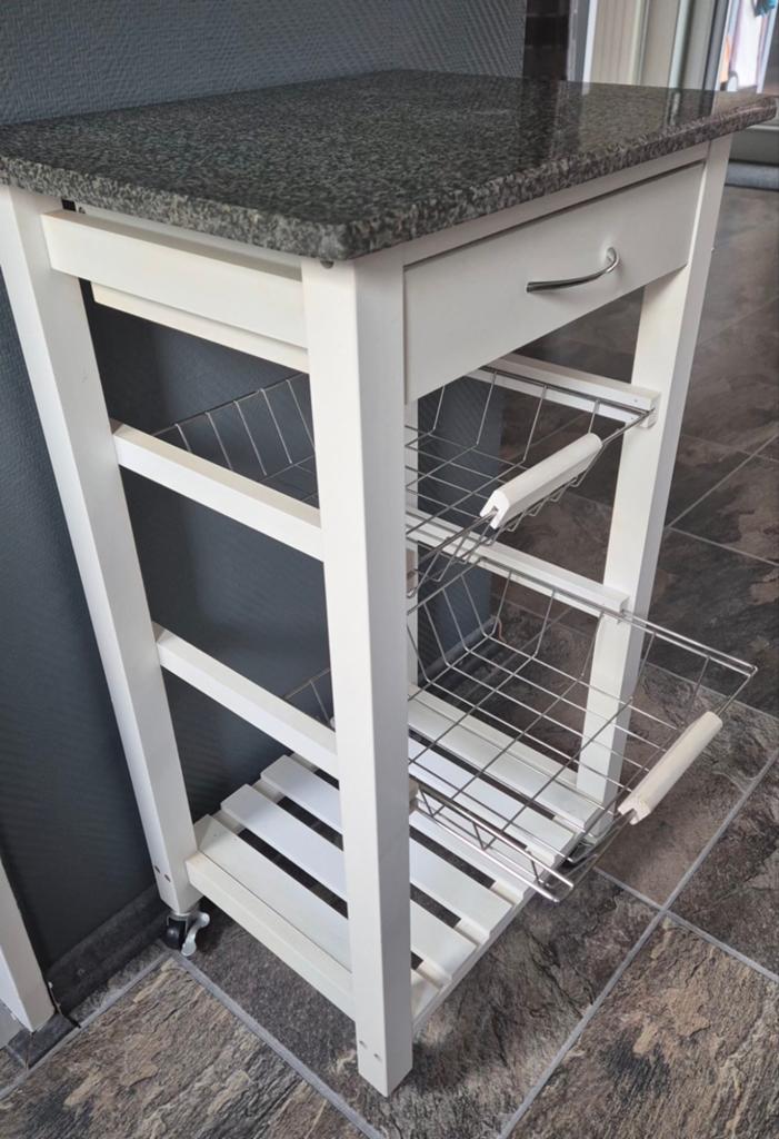 Keukentrolley met lade, 2 uittrekbare manden en stenen blad, Ophalen, Gebruikt, Hout, Keukentrolley