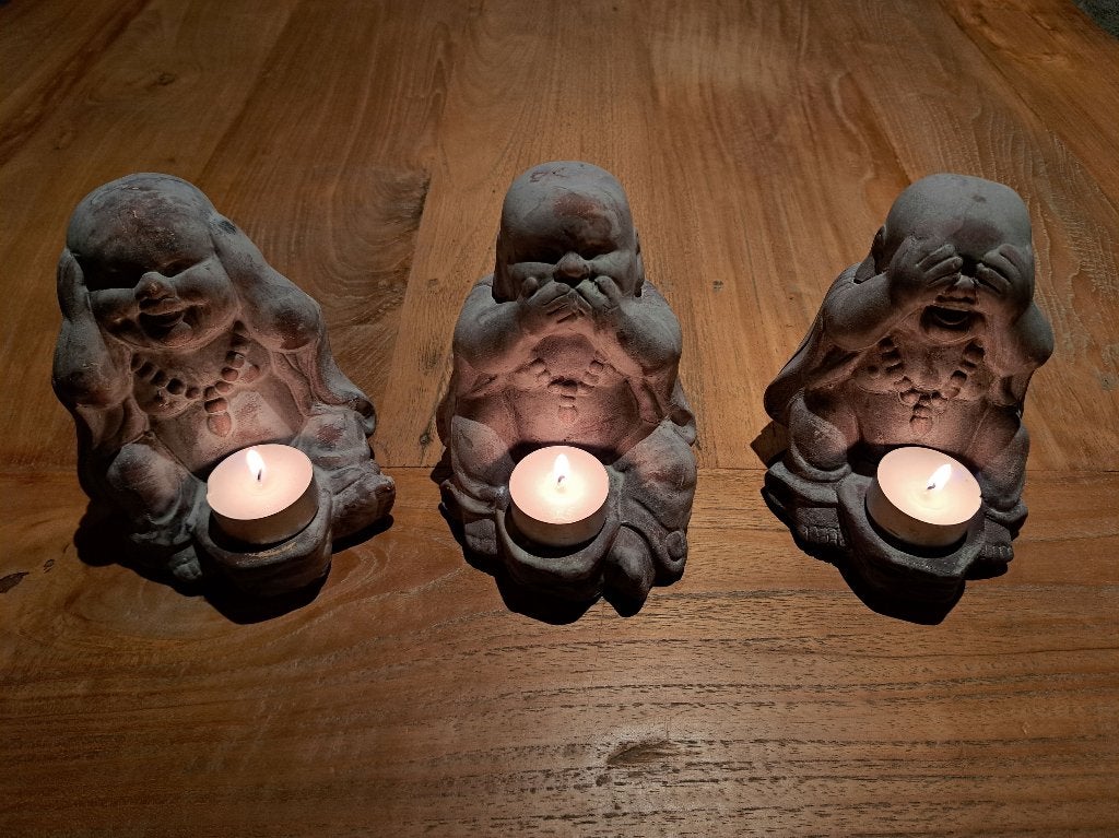 3 Boeddha beelden, tuinbeelden, Boeddha decoratiebeeld tuin, 12 cm, Grijs, Ophalen of Verzenden, Zo goed als nieuw