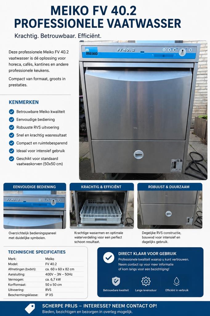 Meiko FV 40.2 Professionele Vaatwasser, Gebruikt, Ophalen of Verzenden, Energieklasse A of zuiniger, 85 tot 90 cm