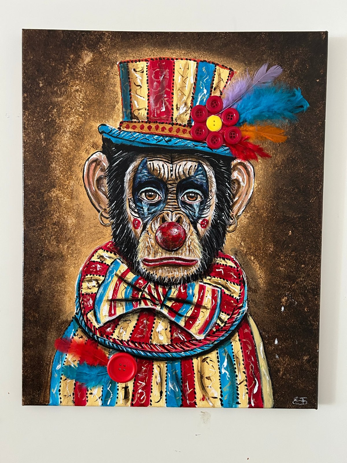 Aap in circusoutfit - Acrylverf op doek 40x50 cm, Acrylverf, Dieren, Textiel, Gelakt/vernis
