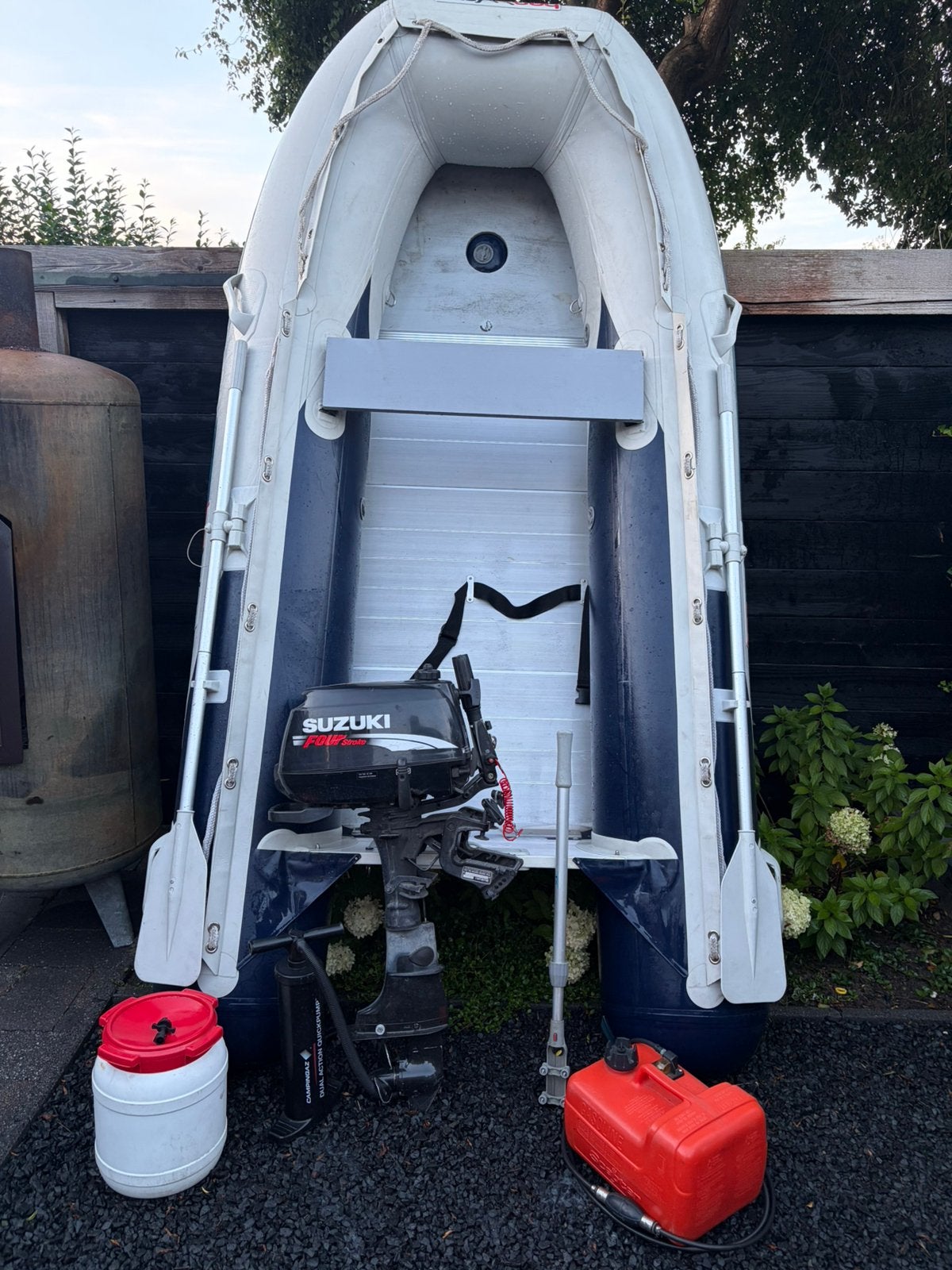 Honwave rubberboot + 5 PK buitenboordmoter, Ophalen, Aluminium, Peddels, 5 pk