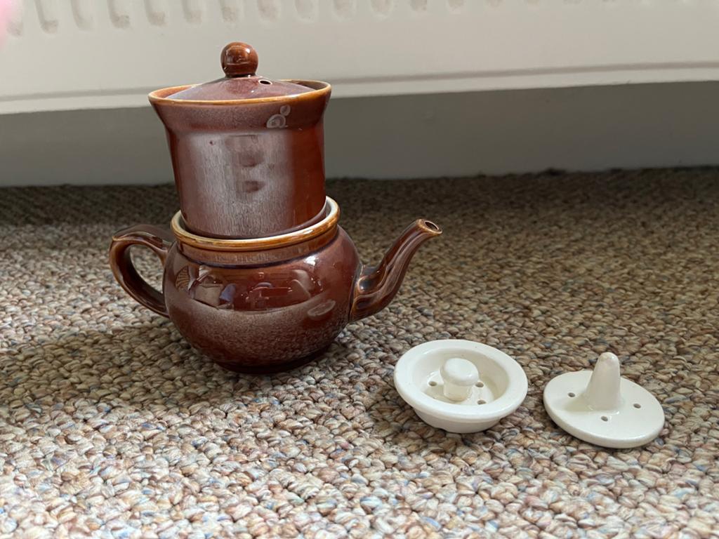 Vintage bruine koffiepot met filter, Ophalen of Verzenden