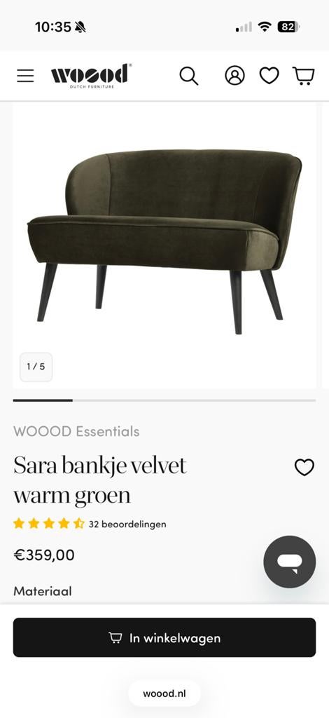 WOOOD sara bankje velvet groen nieuw, Huis en Inrichting, Ophalen, Eenpersoons, Nieuw, Minder dan 150 cm