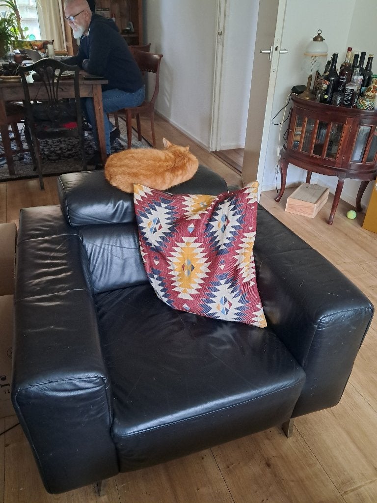 Zwart lederen fauteuil met verstelbare neksteun, Ophalen, Modern, Klassiek, Gebruikt, 75 tot 100 cm