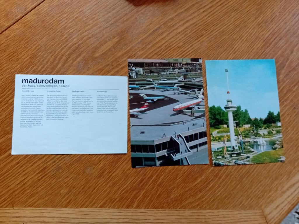 Madurodam fotoplaten Euromast, Schiphol en Koninklijk Paleis, Ophalen of Verzenden, Voor 1940, Gebruikt, Overige onderwerpen