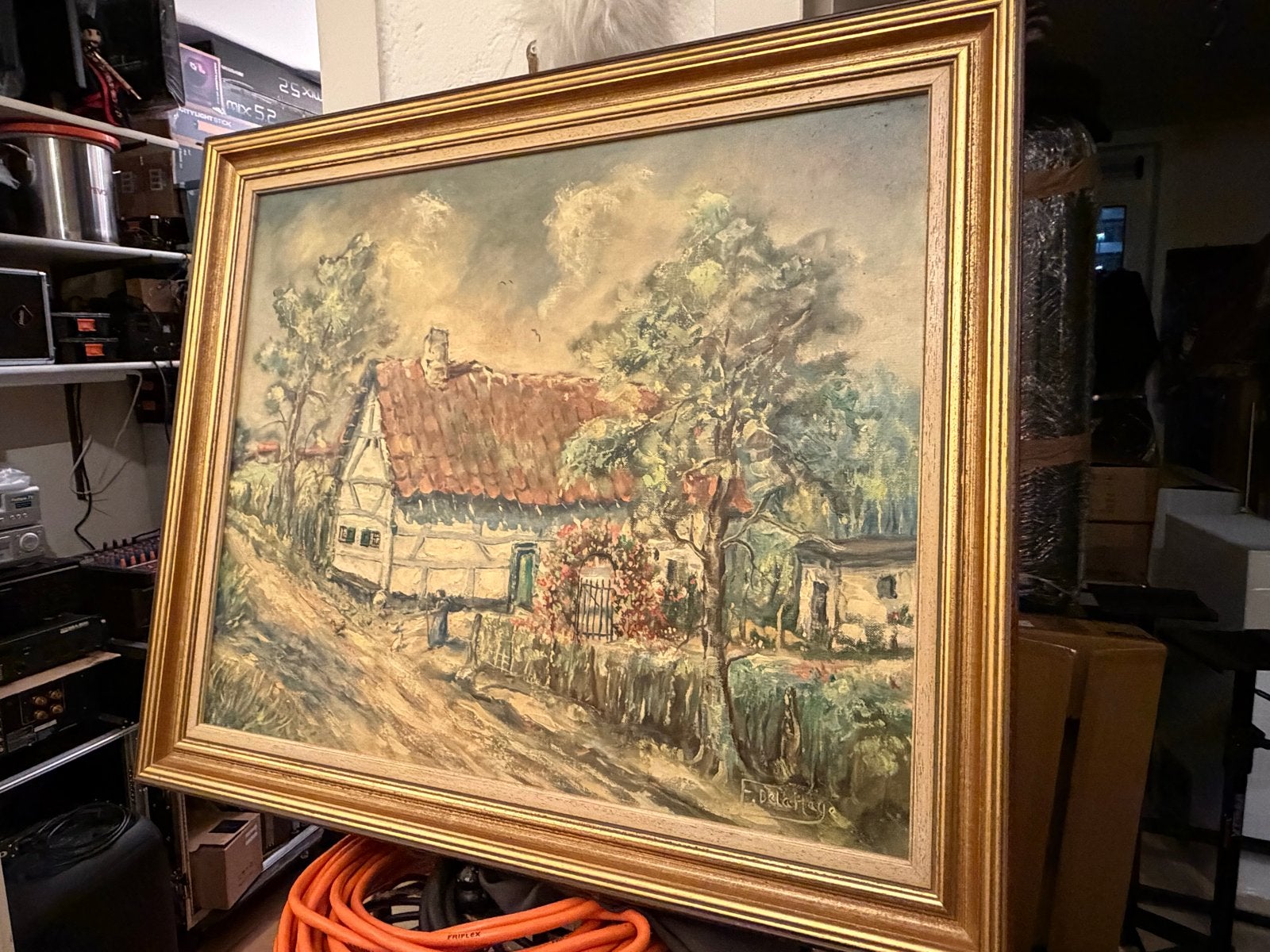 Schilderij: Klassiek landschap met boerderij en figuren, Antiek en Kunst, Doek, Ophalen of Verzenden, Olieverf, Klassiek