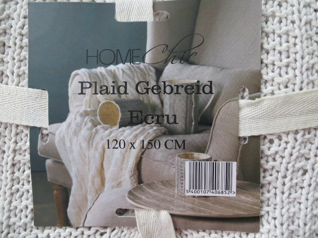 Plaid Gebreid Ecru "Home Chic" 120x150 cm Kabelpatroon, Katoen, Woondeken, 120 cm, Zo goed als nieuw
