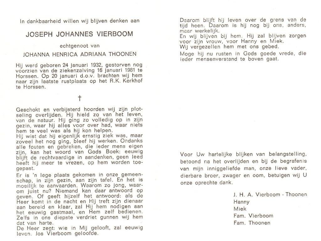 Horssen Joseph Vierboom 1932 - 1981, Ophalen of Verzenden, Bidprentje
