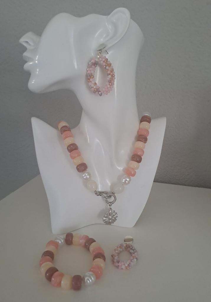 Ketting & Oorbellen Set: Acryl, Parel & Glas Facet Kralen, Ophalen of Verzenden, Nieuw, Overige materialen