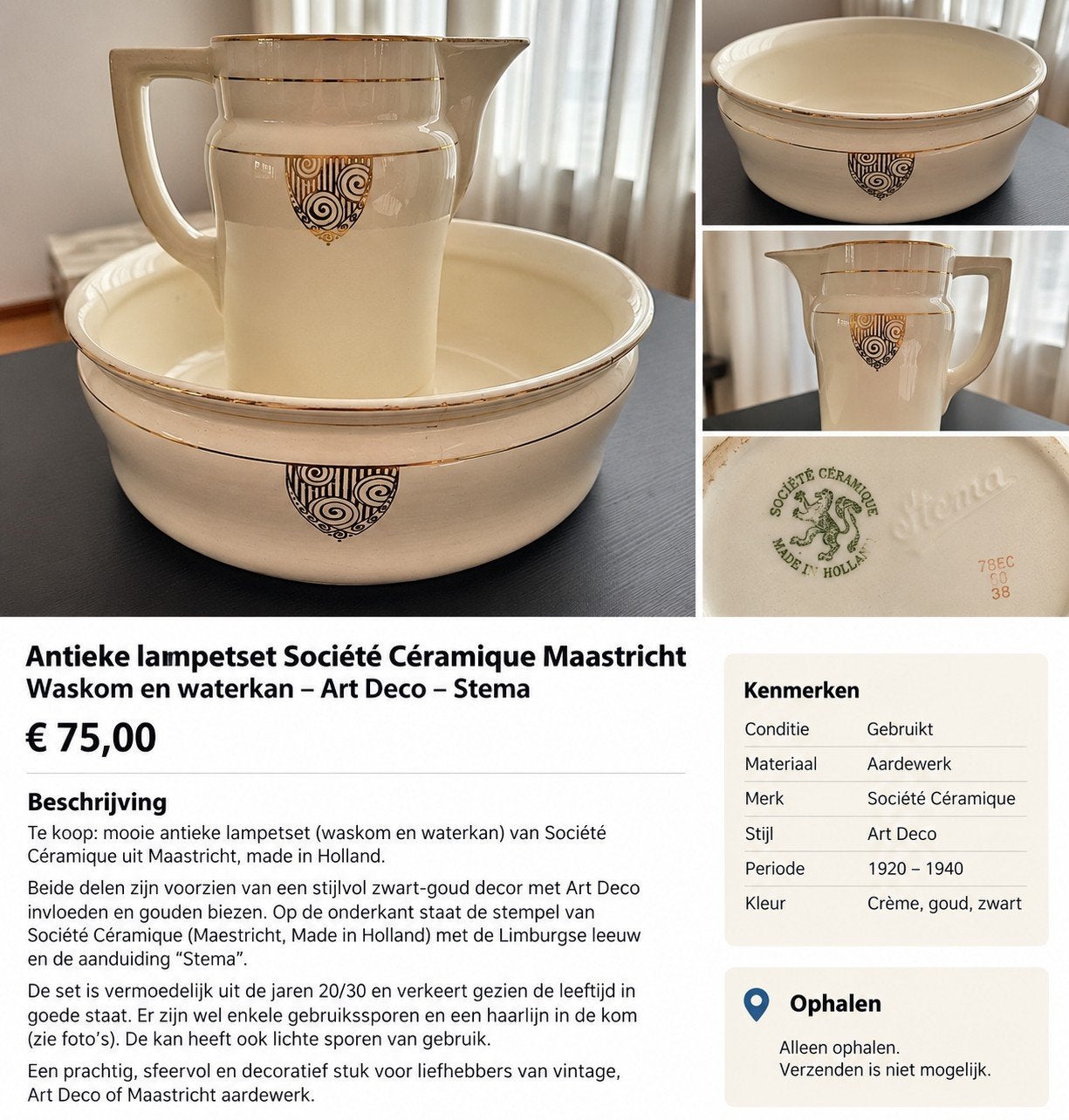 Antieke lampetset Société Céramique Maastricht – Art Deco –, Ophalen