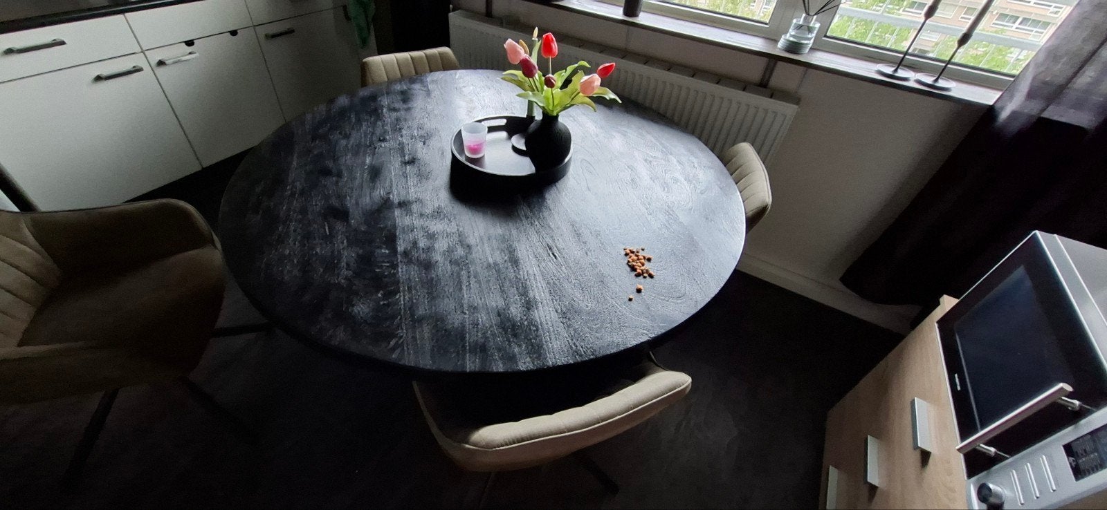 Ronde eettafel zwart mango hout, Ophalen, Gebruikt, Overige materialen, Rond