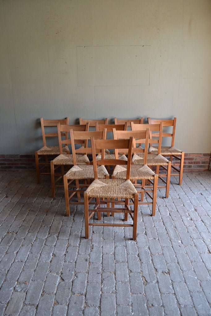 Prachtige set van 10 oude eiken kerkstoelen, keukenstoelen, Verzenden