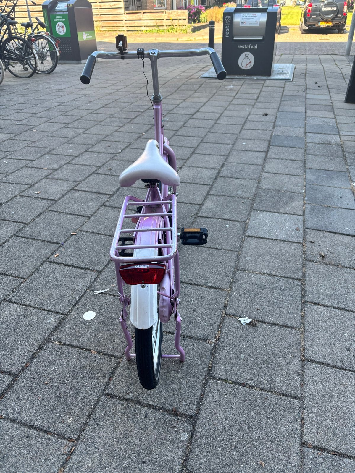 Roze kinderfiets met bagagedrager, Ophalen, Gebruikt, Velgrem, 16 tot 20 inch