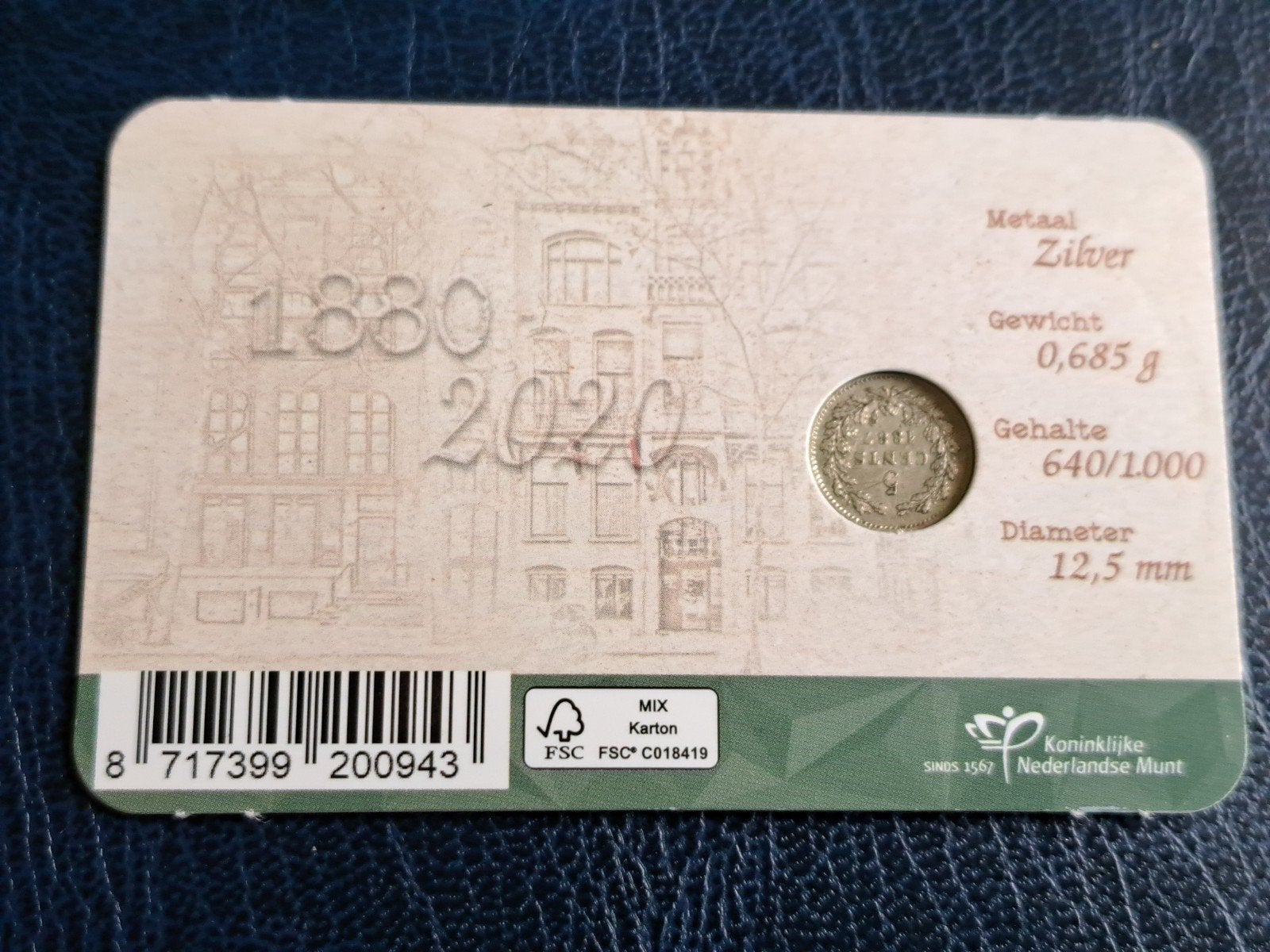 140 jaar Schulman Numismatiek coincard ZELDZAAM JAAR 1887, Ophalen of Verzenden, Koning Willem III, 5 cent, Zilver