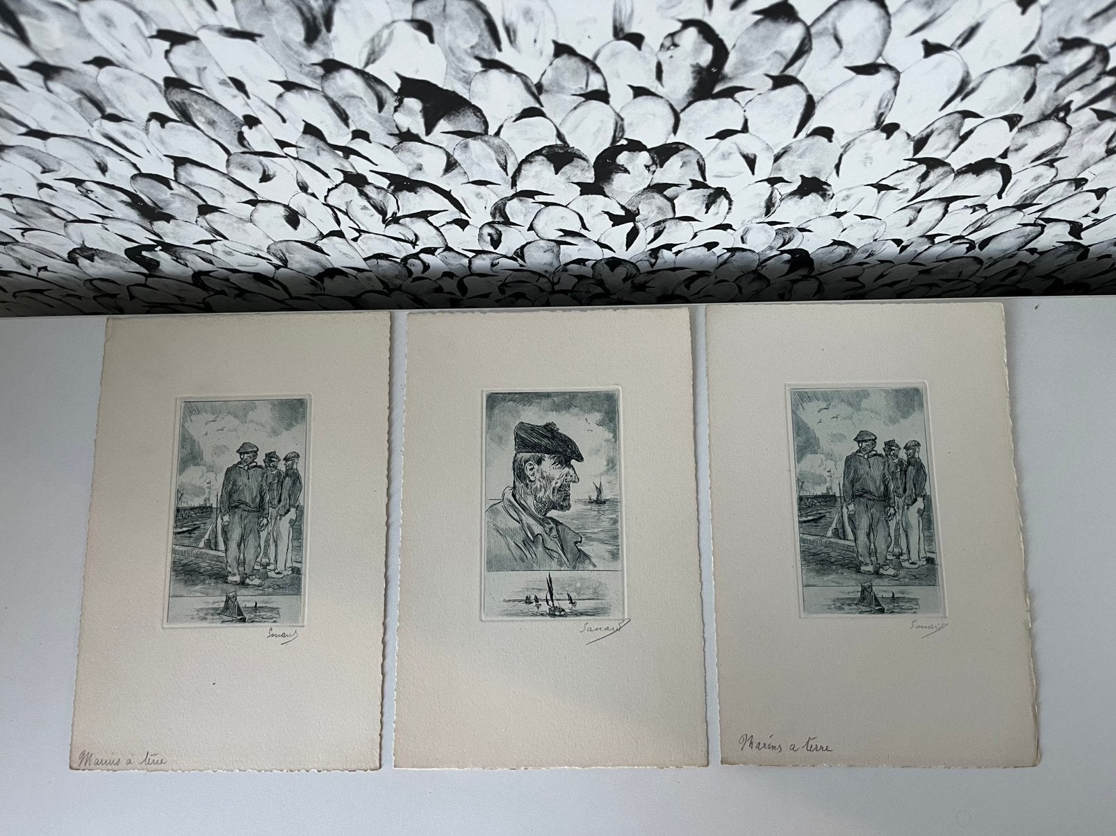 Drie gesigneerde maritieme etsen, 7 cm, Dagelijks leven, Ets, Ophalen of Verzenden