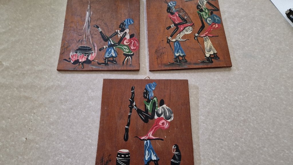 3 oude beschilderde paneeltjes uit afrika, Ophalen of Verzenden
