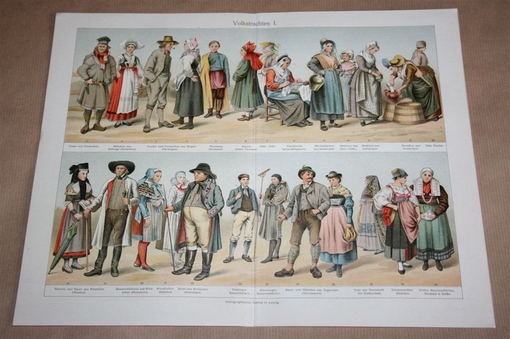 2 antieke kleurenprenten - Klederdrachten v/d wereld - 1900, Ophalen of Verzenden, Voor 1940, Zo goed als nieuw, Overige onderwerpen
