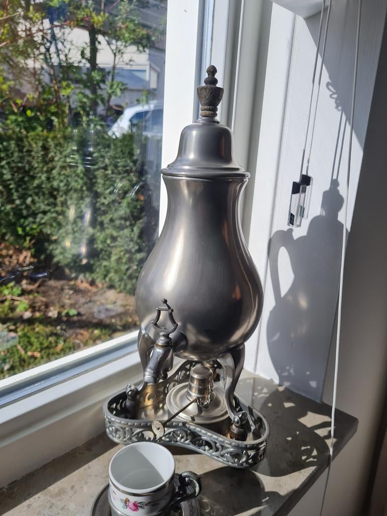 Tinnen koffiepot met brander en kraantje, plus kopje, Antiek en Kunst, Antiek | Tin, Ophalen of Verzenden