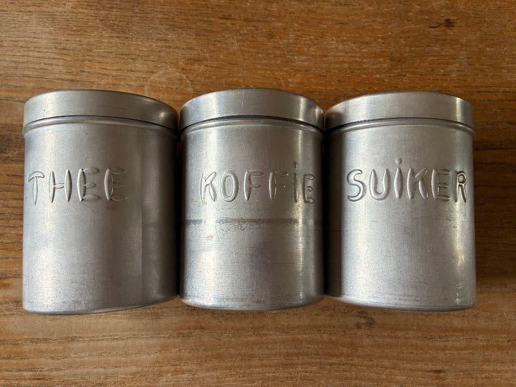 Vintage aluminium voorraadbussen koffie thee suiker, Ophalen of Verzenden